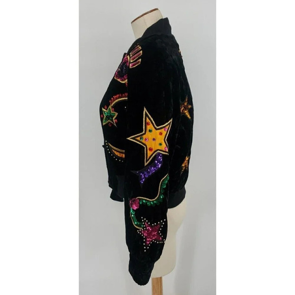 90's Escada Vintage Black Velvet Embellished Moon & Stars Bomber Jacket Size 36 - Picture 7 of 15